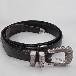 VTG Fossil Leather Belt Mens 44 Black Silver Braided Concho Western Southwest